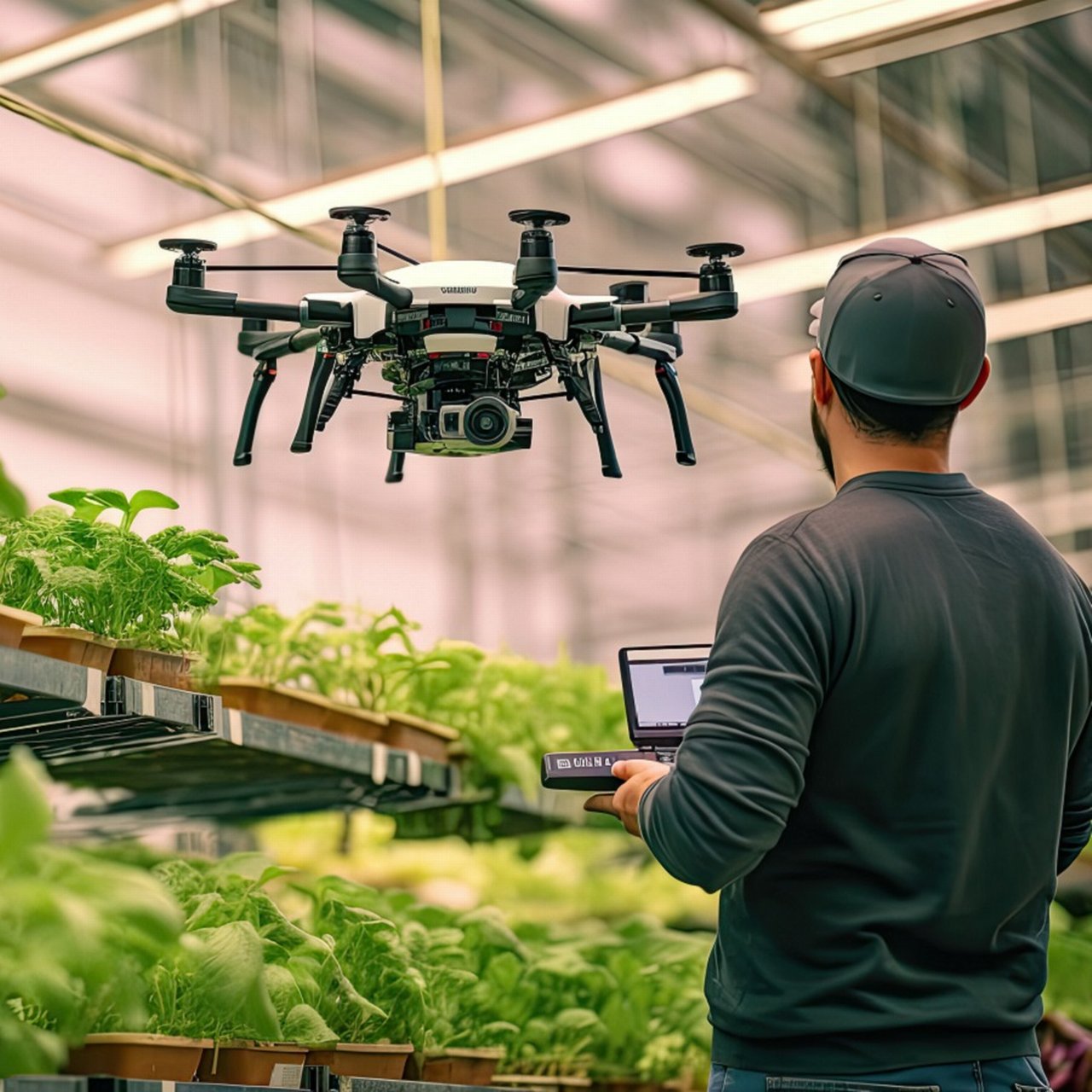 Man with drone in greenhouse