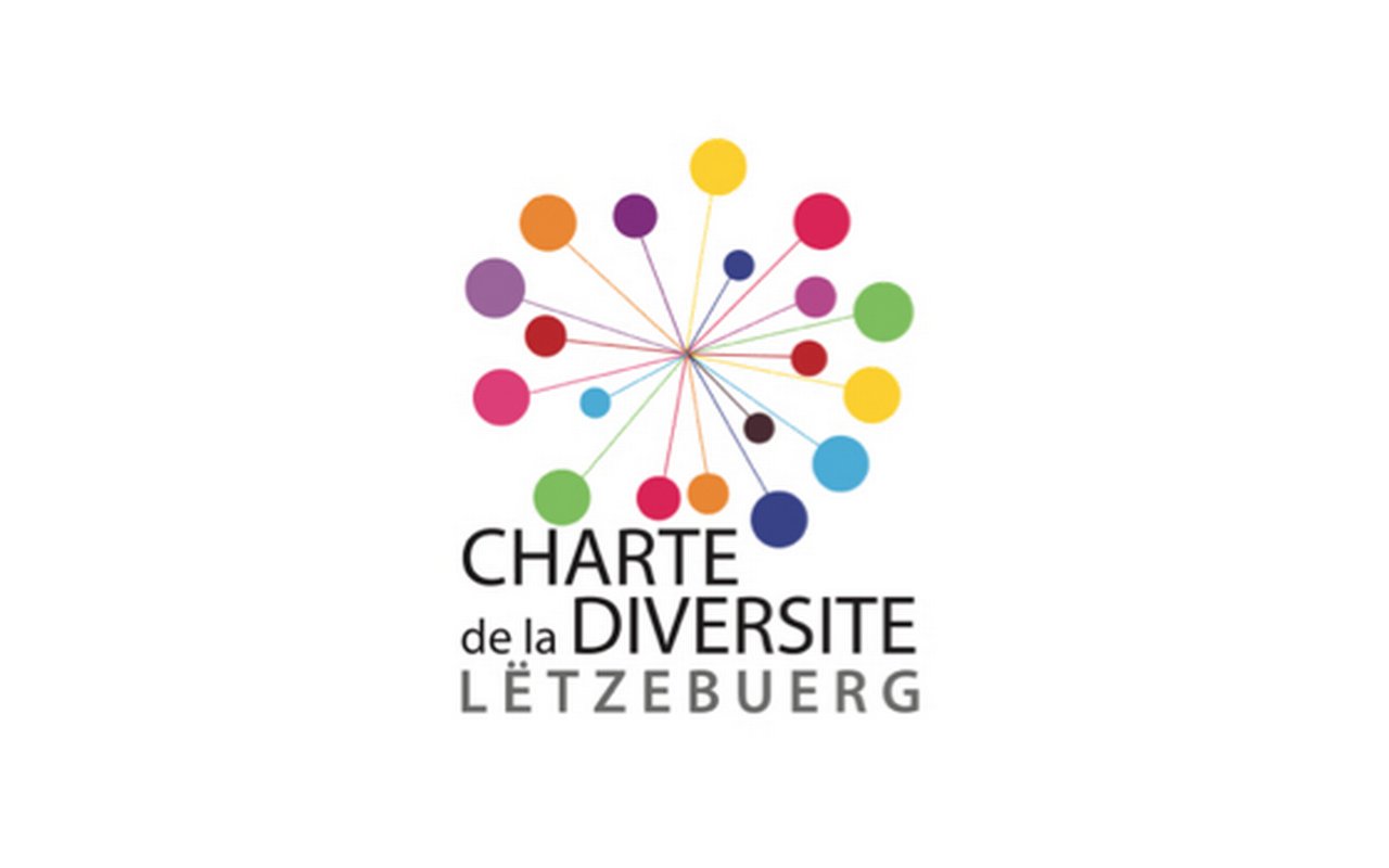 Logo in Form von mehreren miteinander verbundenen farbigen Kugeln mit der Aufschrift: ${esc.q}Charte de la diversite Letzebuerg${esc.q}.