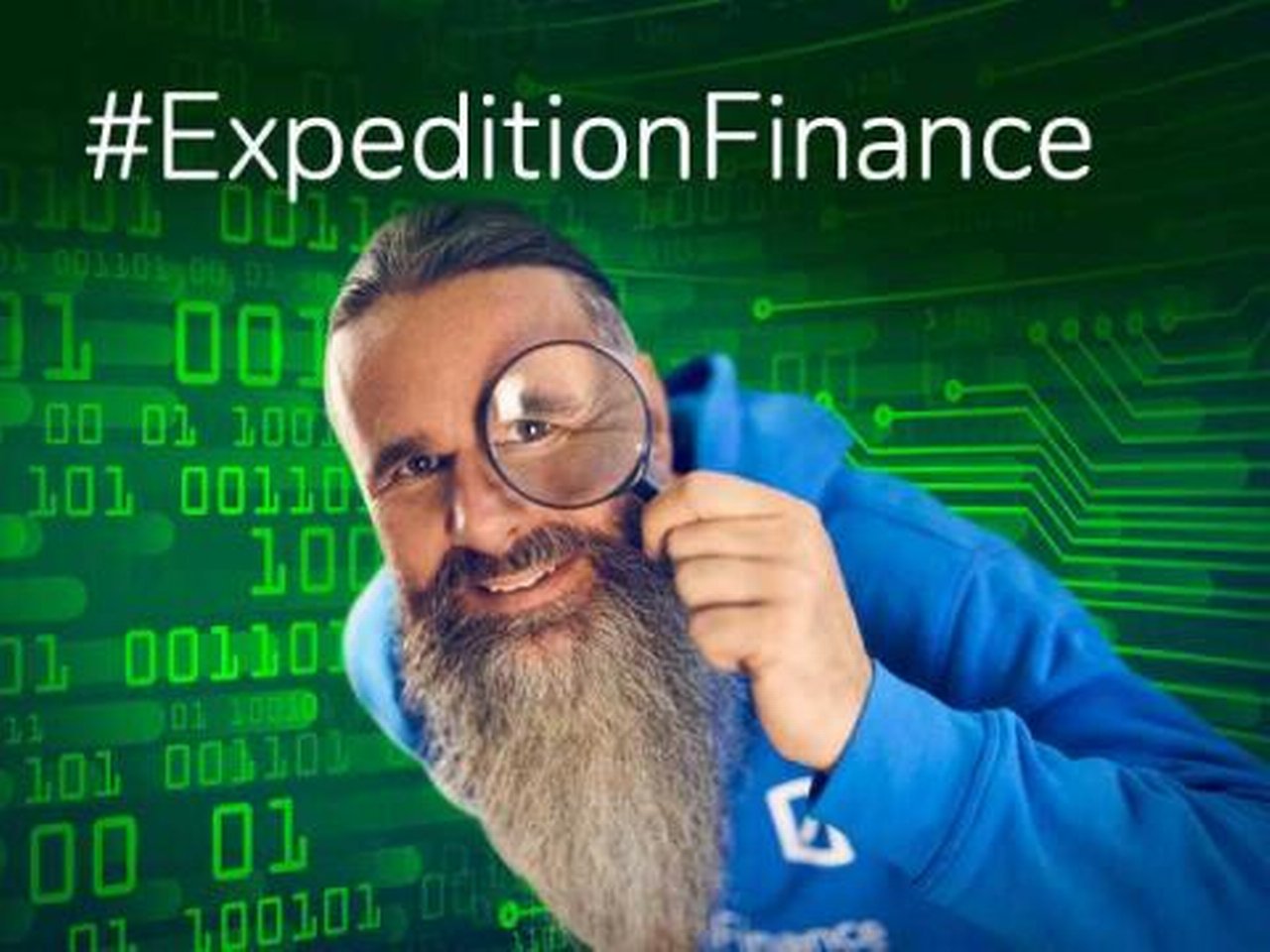 Hashtag #ExpeditionFinance above Jürgen Schmitt in a blue hoodie, holding a magnifying glass against a digital background