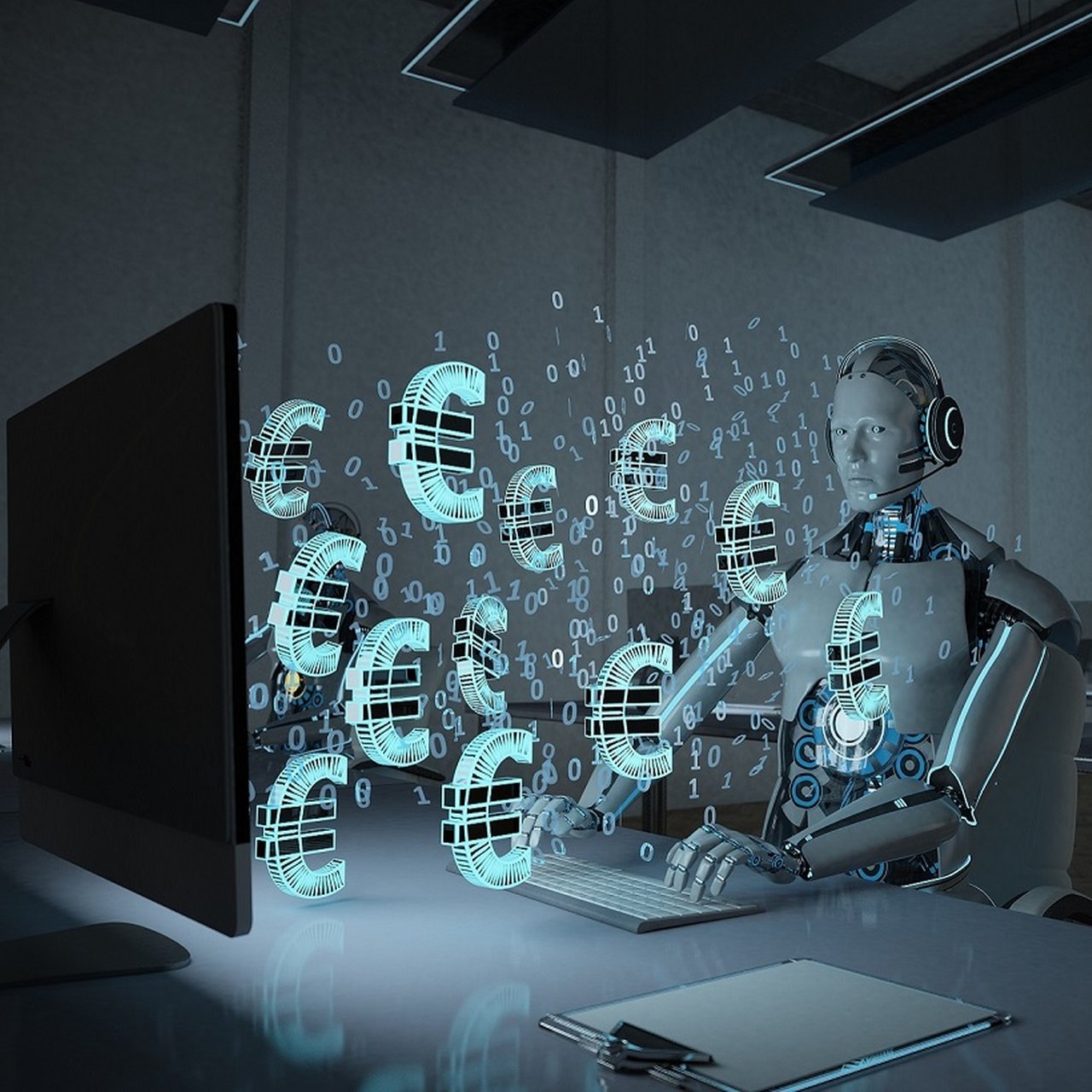 Humanoid robot in front of a computer