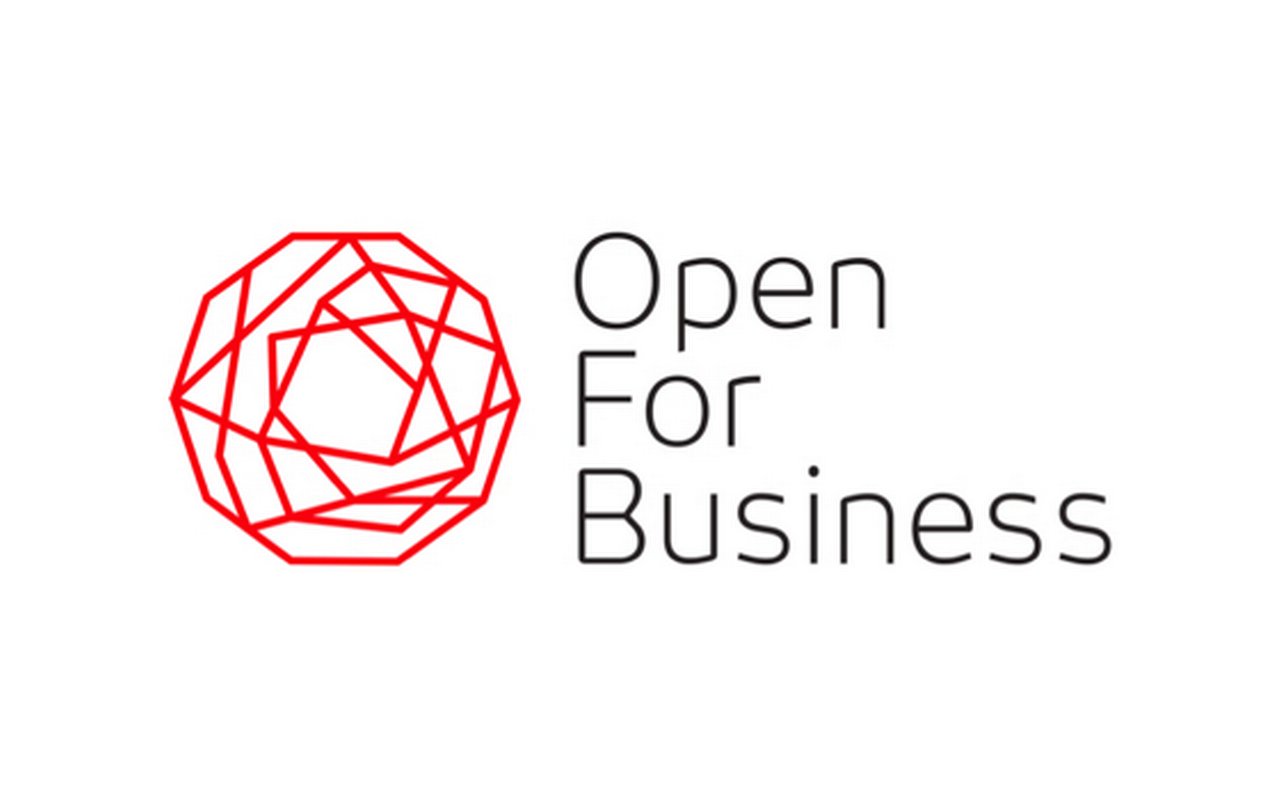 Logo in the form of an abstract ball and the caption: ${esc.q}Open for Business${esc.q}.