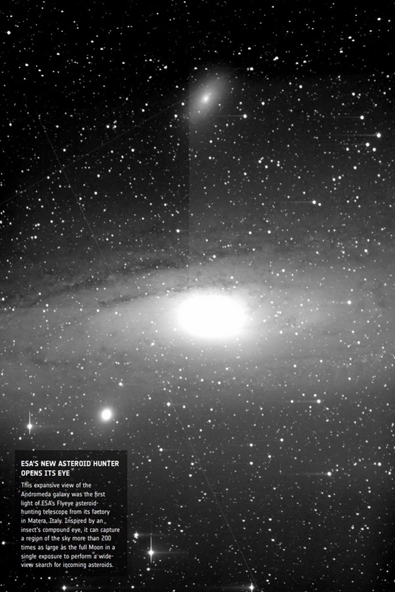 Dieser weitreichende Blick auf die Andromeda‑Galaxie war das „First Light“ des Flyeye‑Asteroidenjagd‑Teleskops der ESA aus seiner Fertigung in Matera, Italien. ©ESA