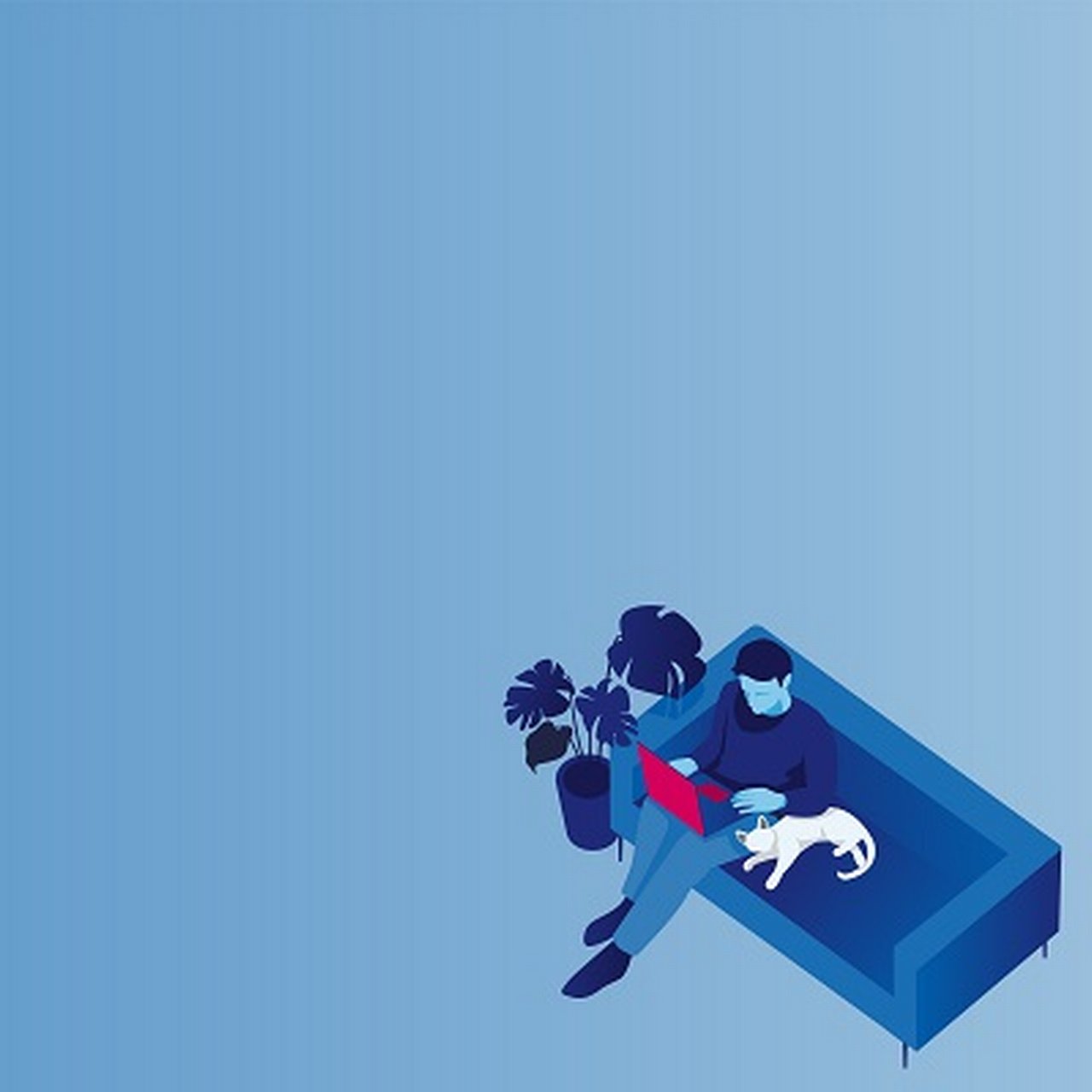 Illustration of a man working on a red laptop on a blue sofa with a white cat and a plant