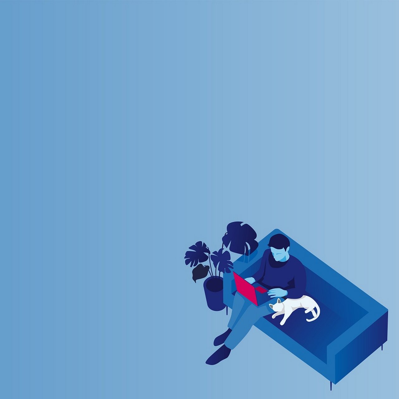 Stilisierte Illustration: ein Mann arbeitet am roten Laptop auf blauem Sofa mit einer weißen Katze und einer Pflanze