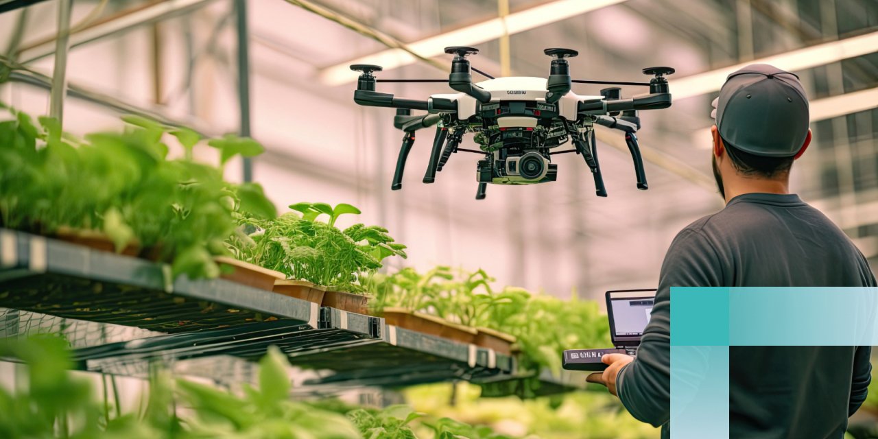 AI in farming: man with drone in greenhouse