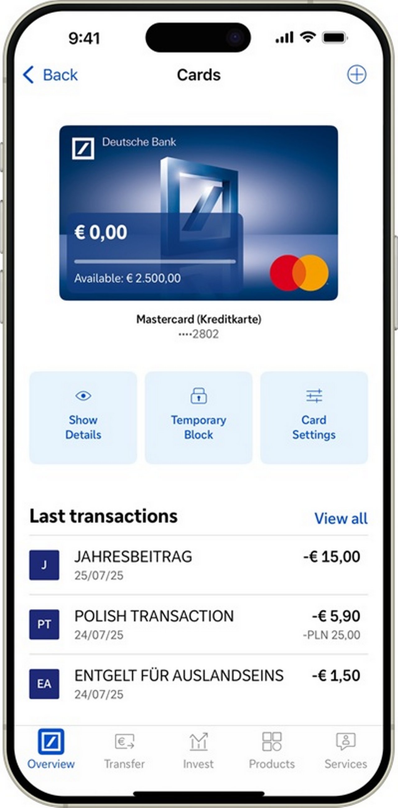 Mobile banking app displaying credit card details and transactions.