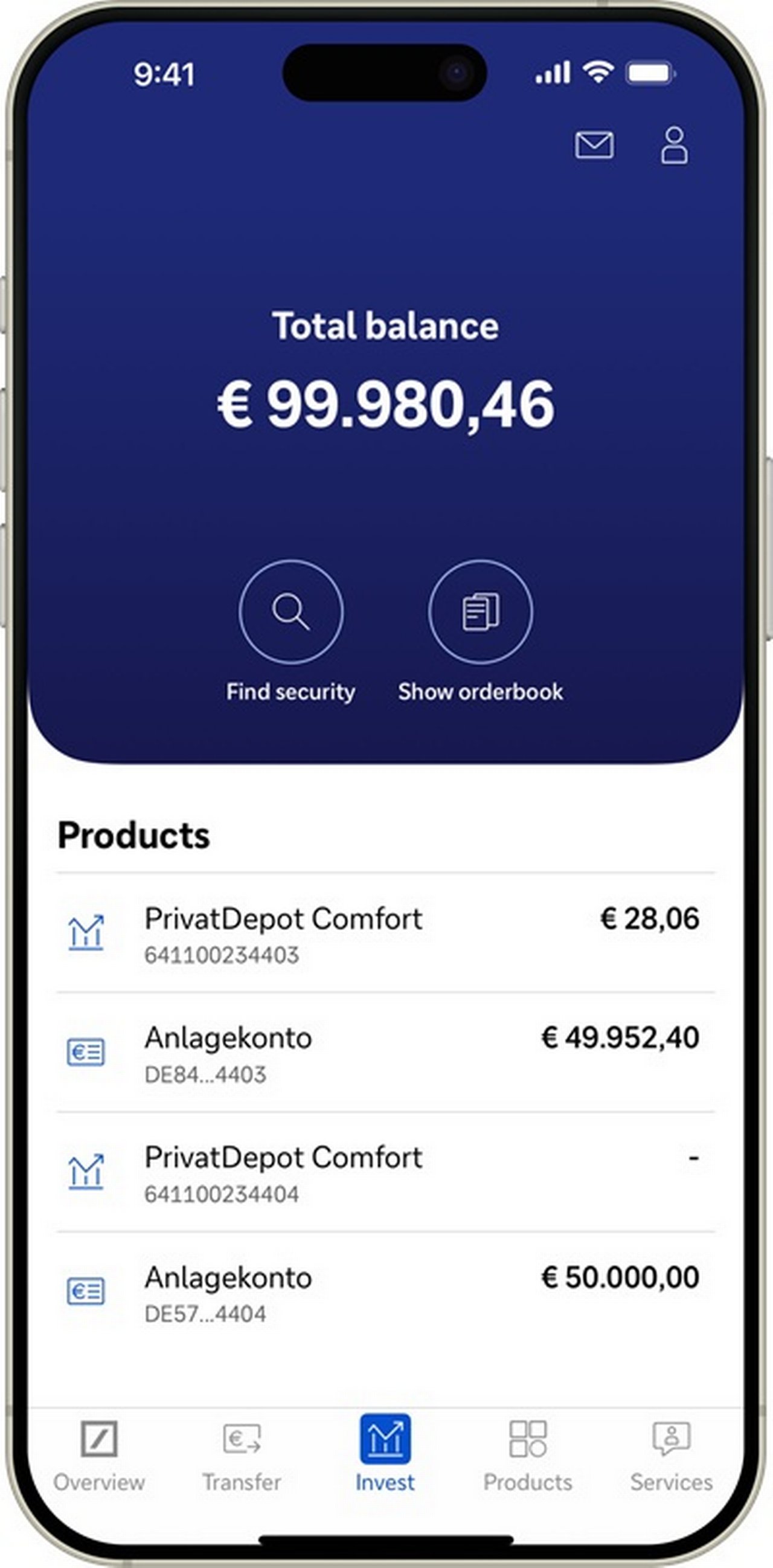 Mobile-Banking-App zeigt eine Portfolioübersicht mit einem Gesamtbestand von 99.950,75 €.