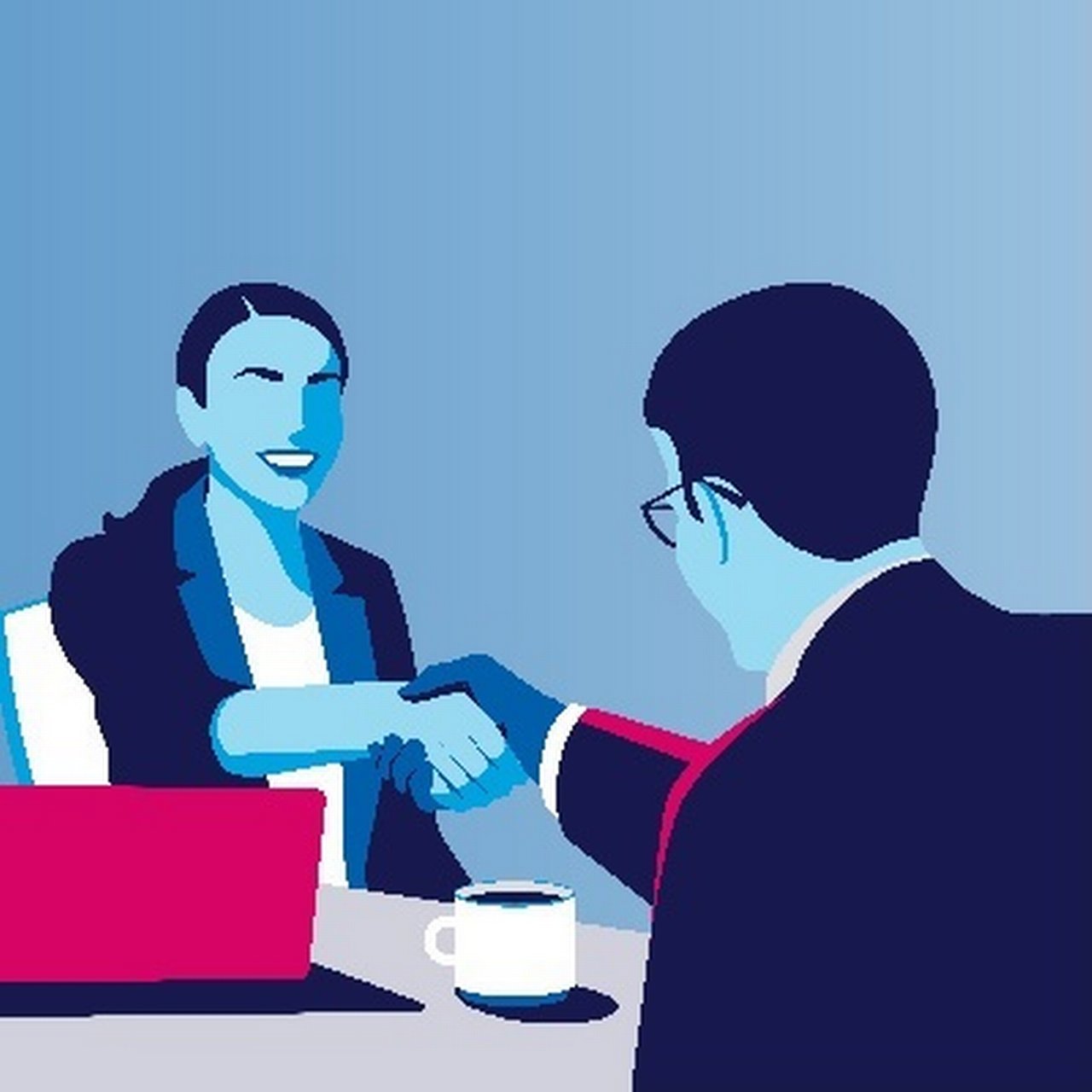 Illustration of a man and woman shaking hands during a business meeting