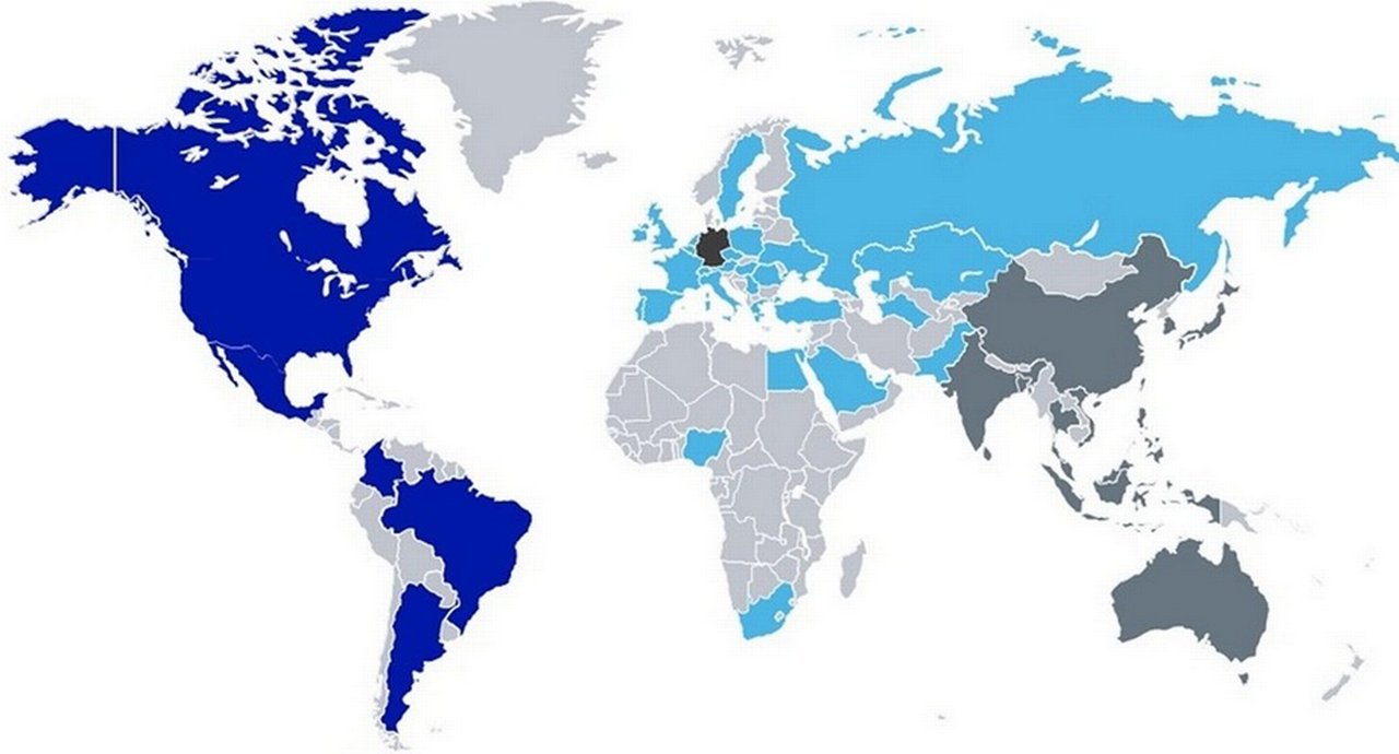A world map highlights regional presence by colour.