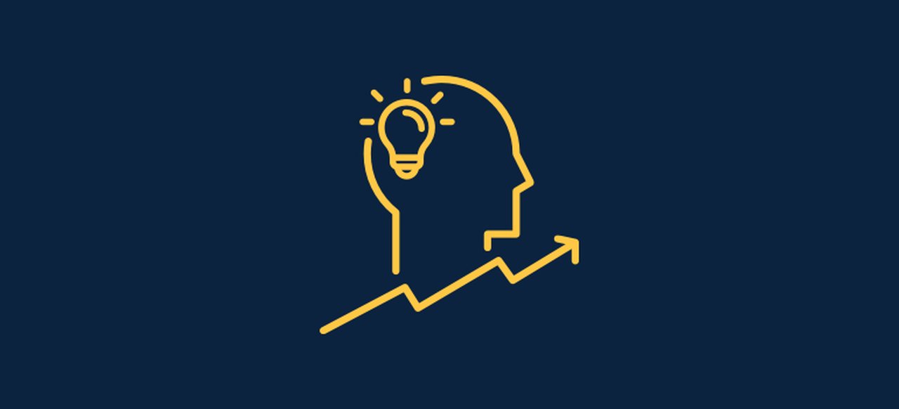 Symbol  in the form of a man's head with the focus on the lamp in the head and the growth line below.