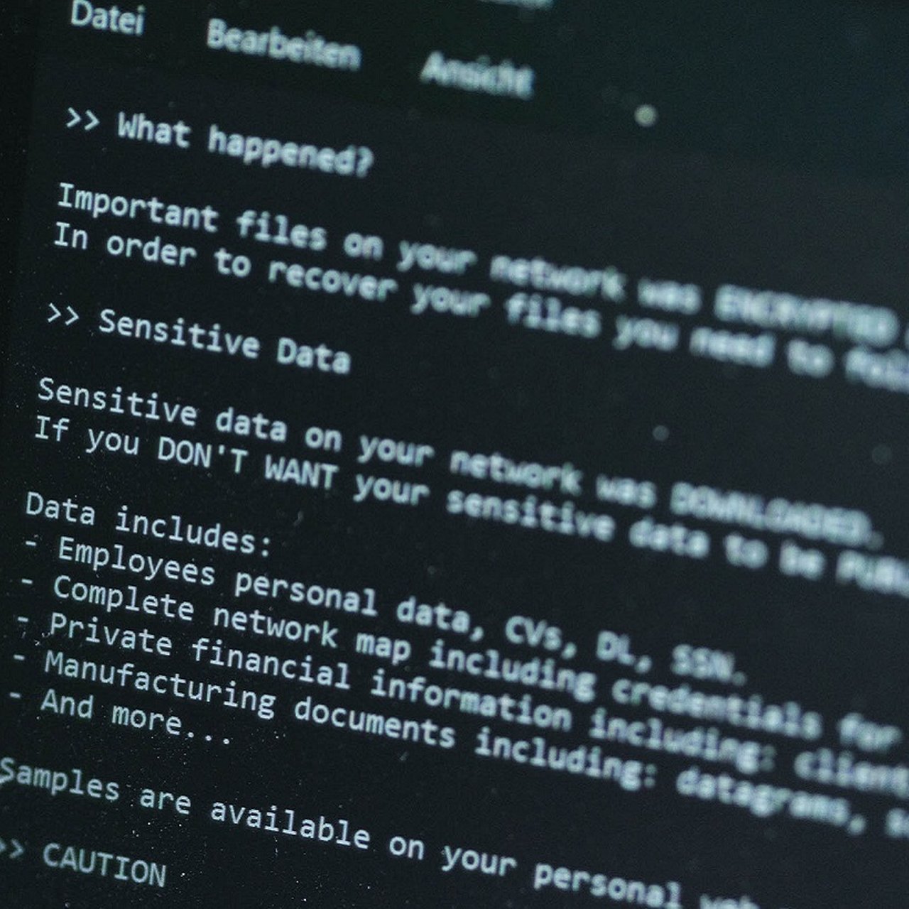 Ransom note displayed on a computer screen.