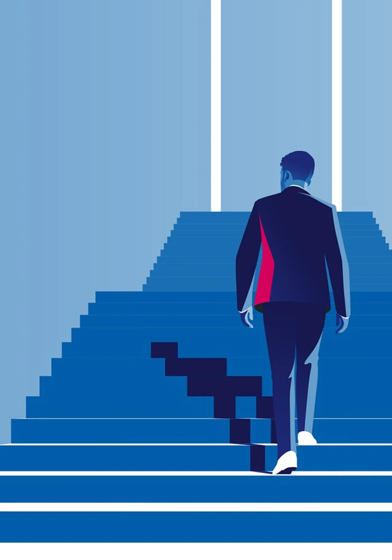 A businessman in a suit ascends a large flight of stairs.