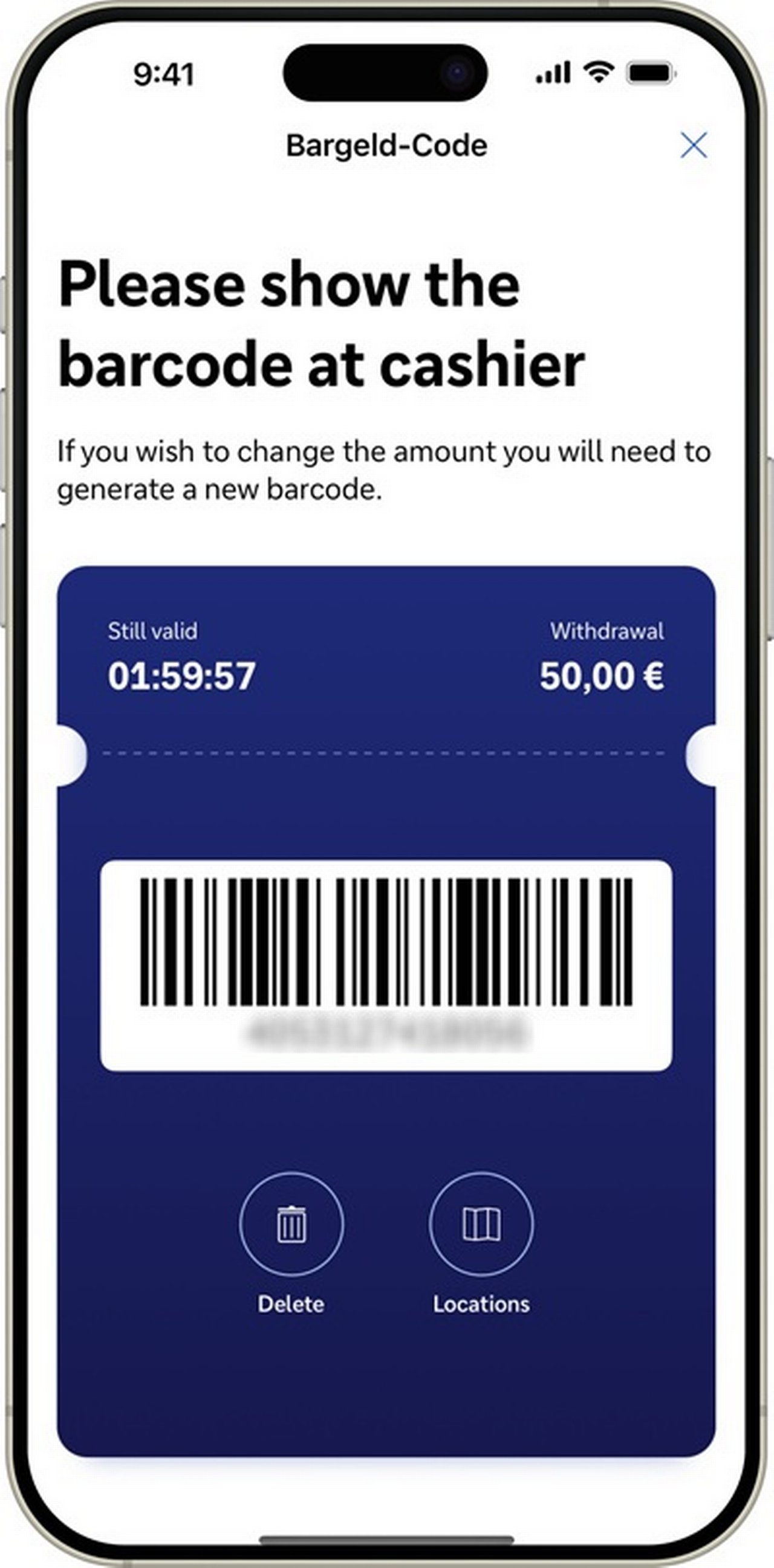 Barcode für mobile Bargeldauszahlung von 50,00€.