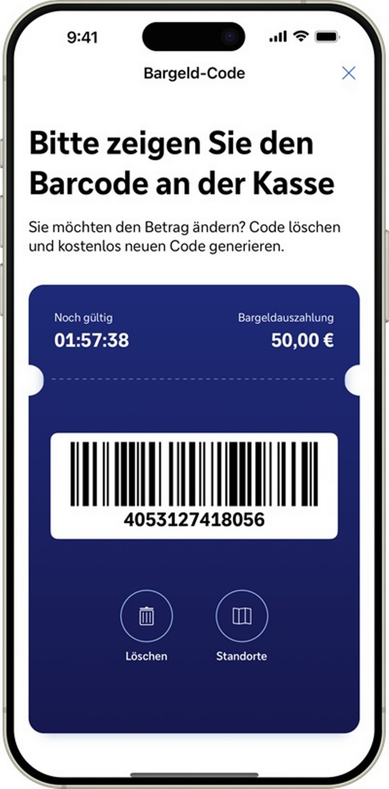 Mobile cash withdrawal barcode for 50.00€.