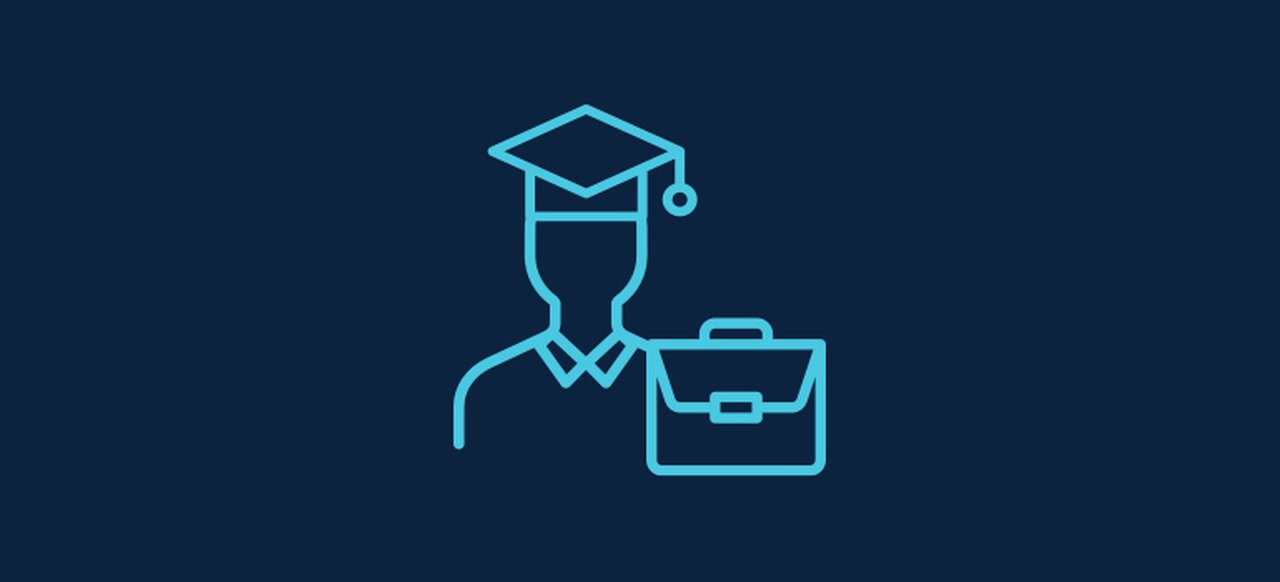 Symbol in Form eines Hochschulabsolventen und einer Brieftasche an der Seite.