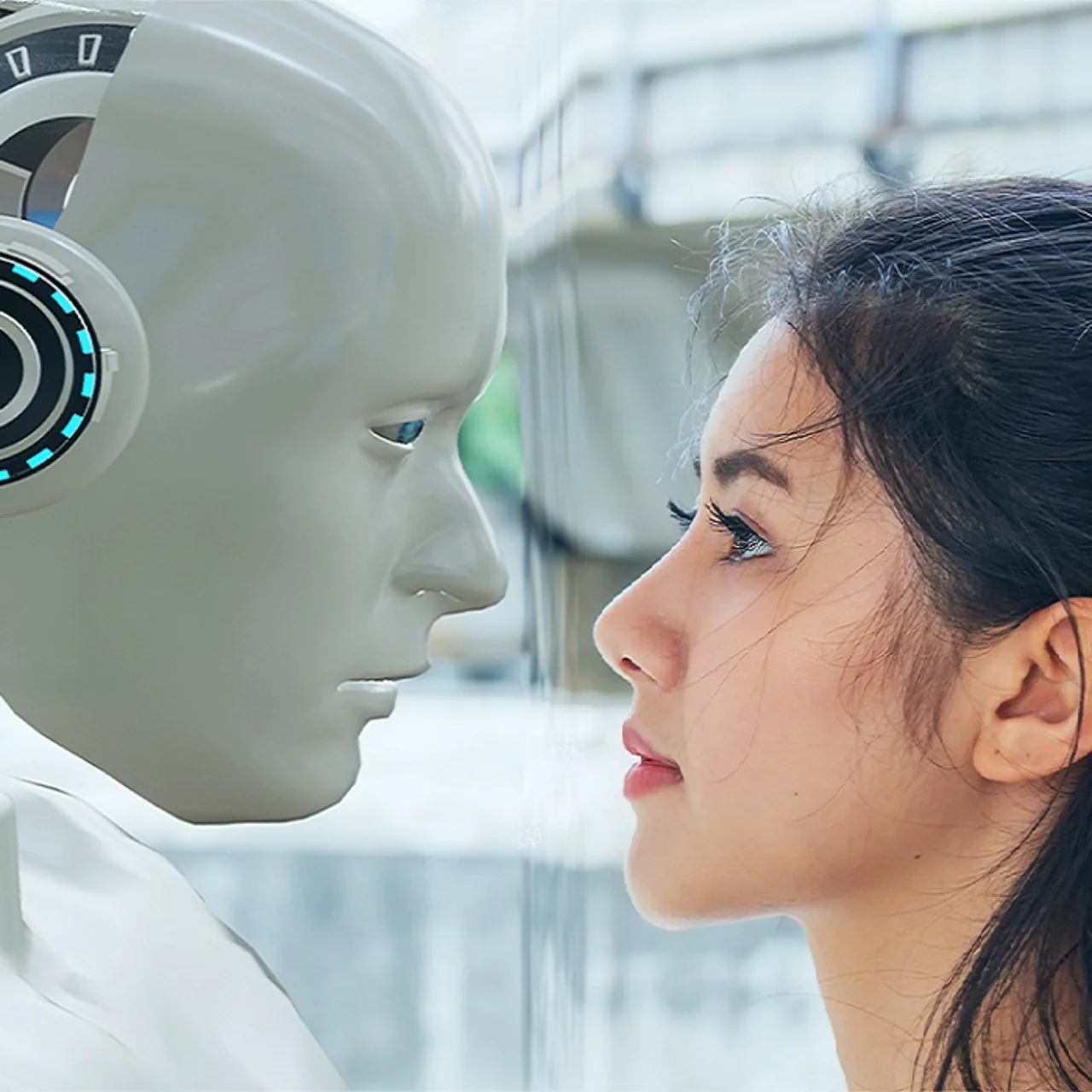 Humanoider Roboter, der einer Frau gegenübersteht