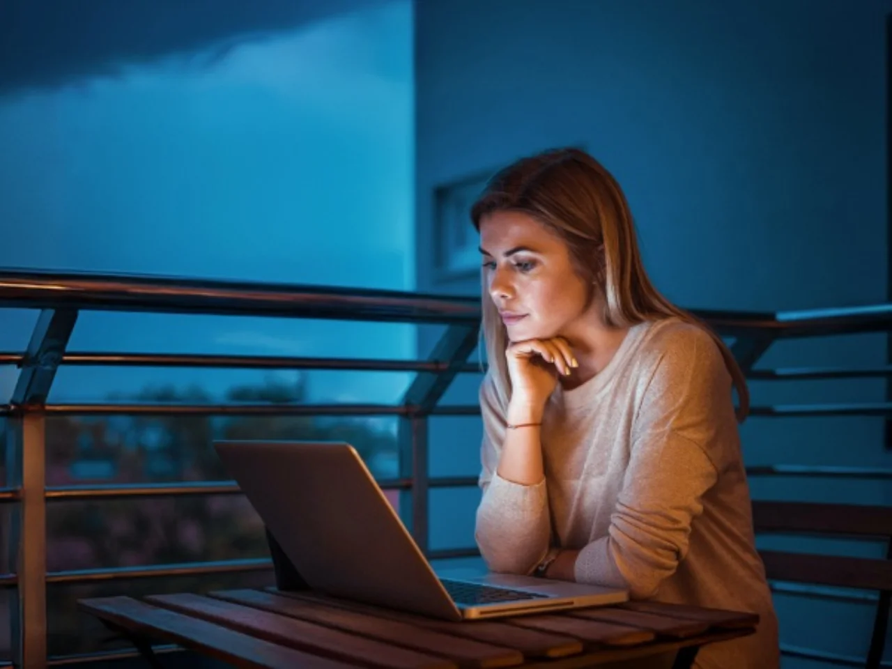 Eine Person nutzt einen Laptop auf einer Terrasse bei Dämmerung.