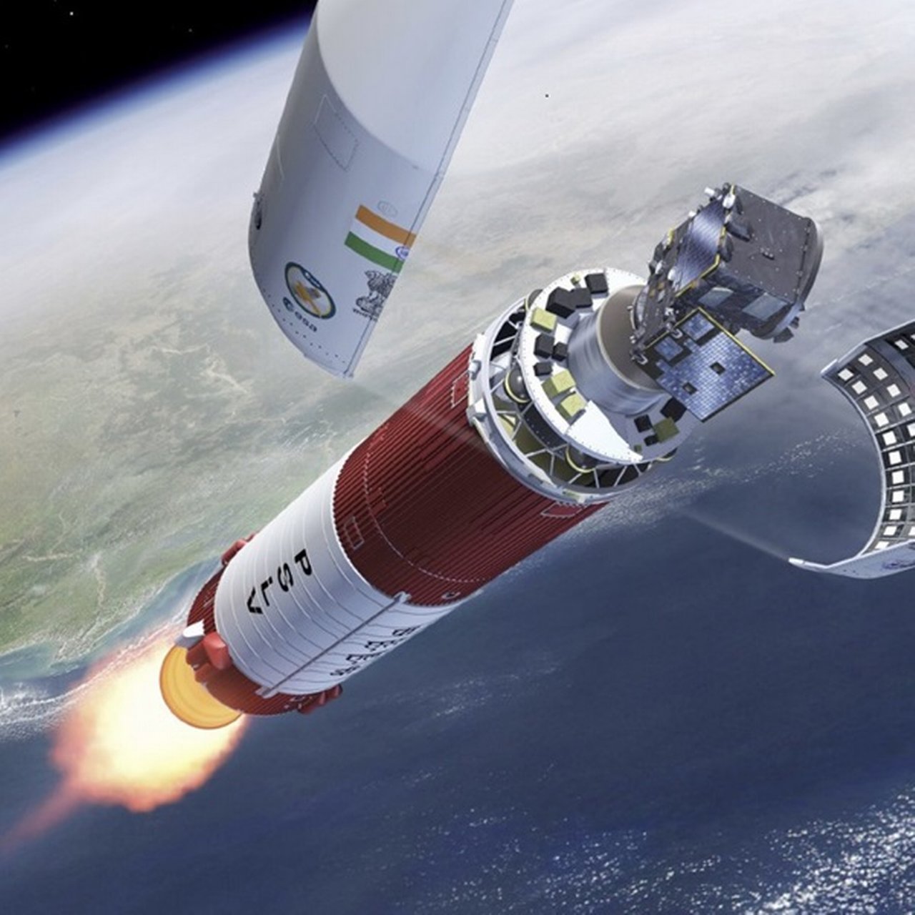 Ein Satellit wird von seiner Rakete vor der Erde freigegeben.