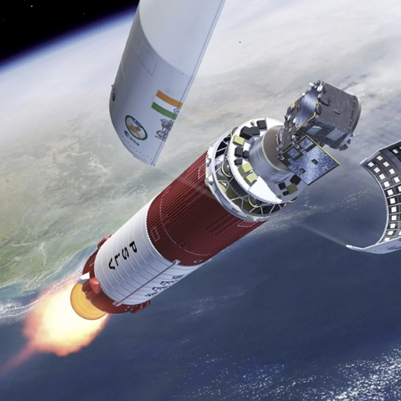 A satellite is released from its rocket with Earth in the background.