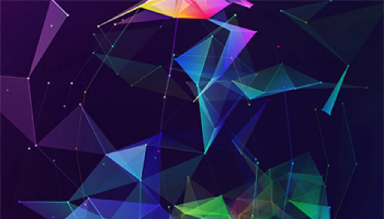 Vibrant digital art of a network structure on a dark purple and blue gradient.