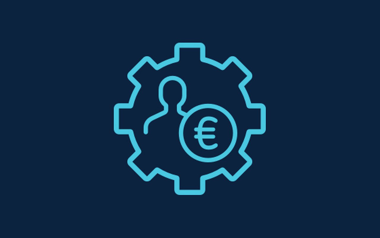 Symbol in the form of a gear wheel with a human figure and a coin inside.