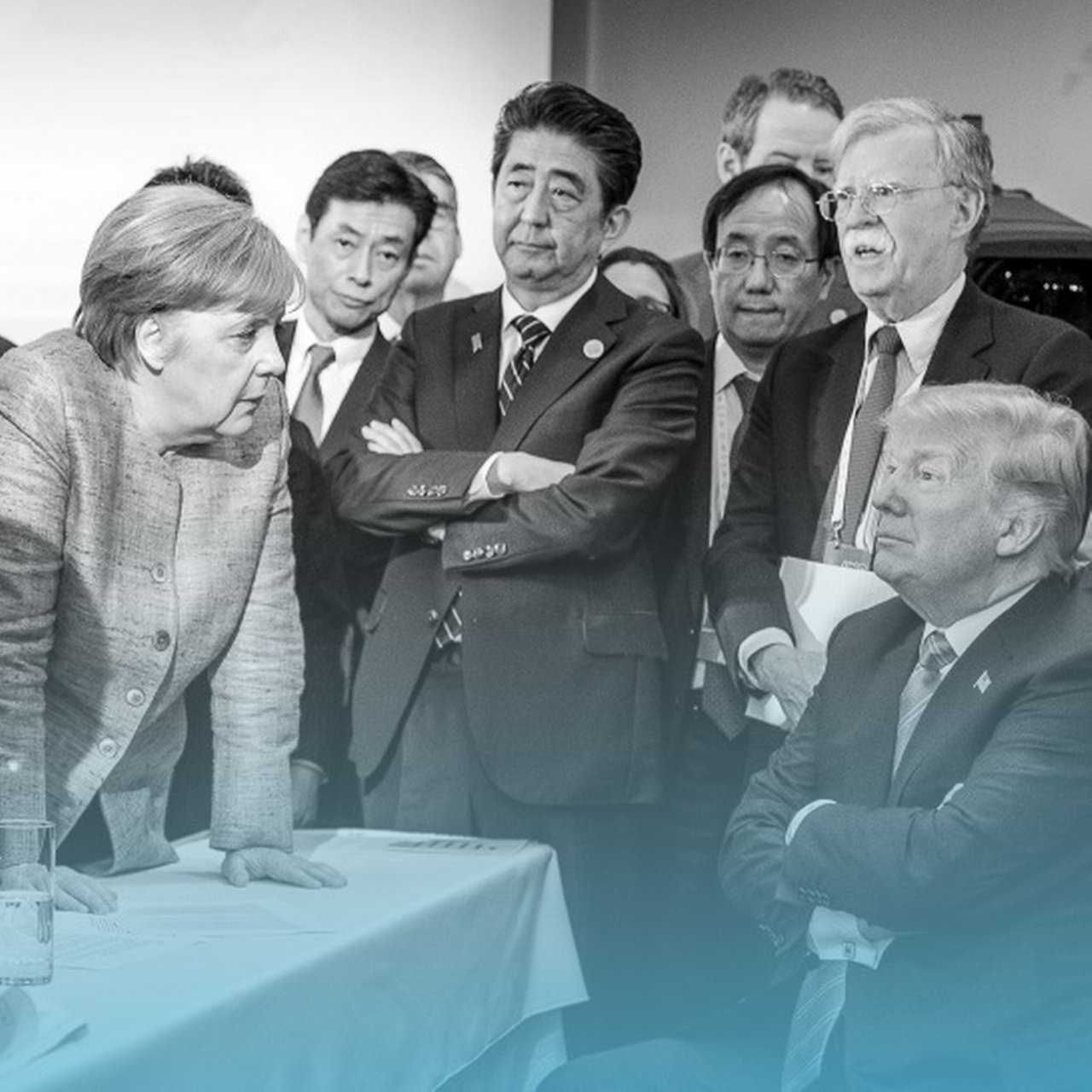 A. Merkel, Y. Nishimura, S. Abe, K. Yamazaki, J. Bolton, D. Trump.