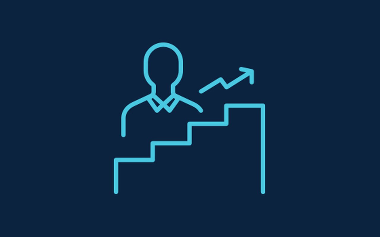 Symbol in the shape of a person with steps and a growth line.