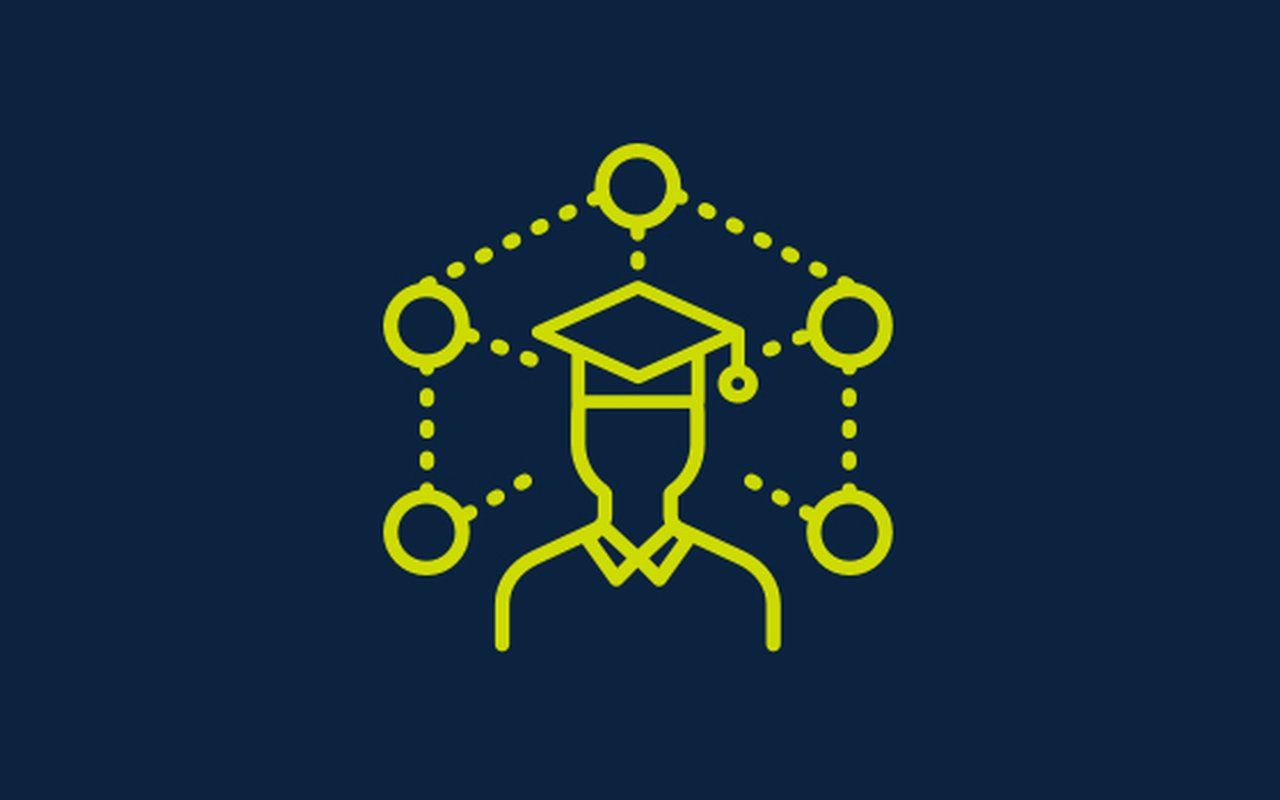 Symbol in Form eines Hochschulabsolventen und kleinen Kreisen, die in verschiedene Richtungen führen.