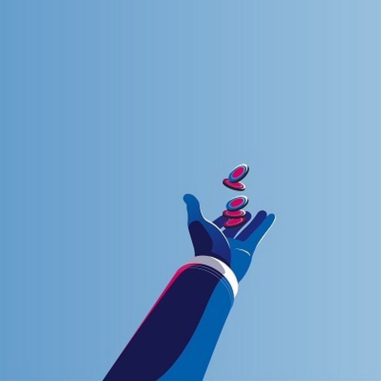 Stylized illustration of a hand tossing red and blue coins