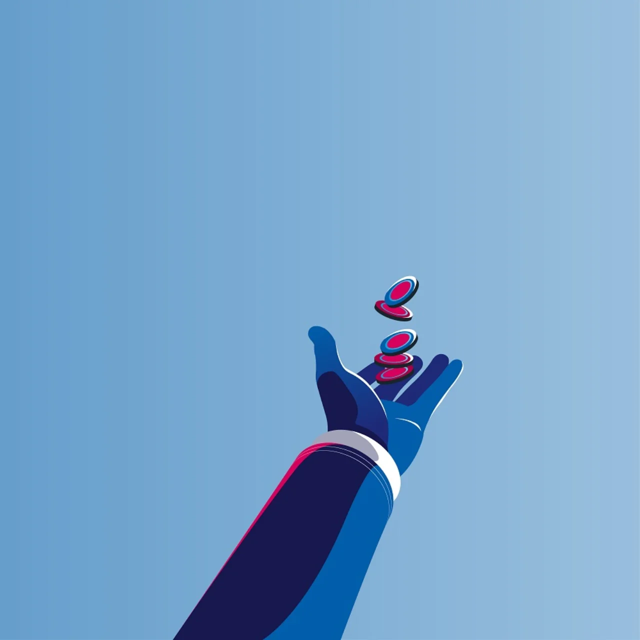 Stilisierte Illustration: eine linke Hand wirft rot-blaue Münze