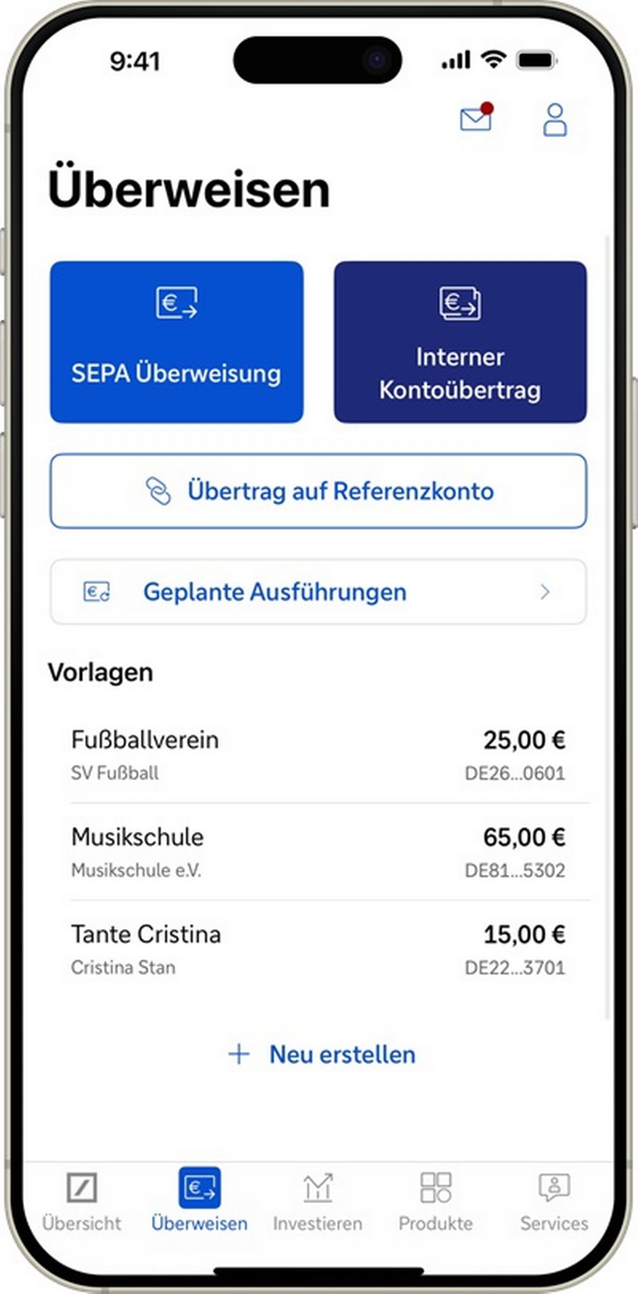 Mobile banking app screen showing transfer options and templates.