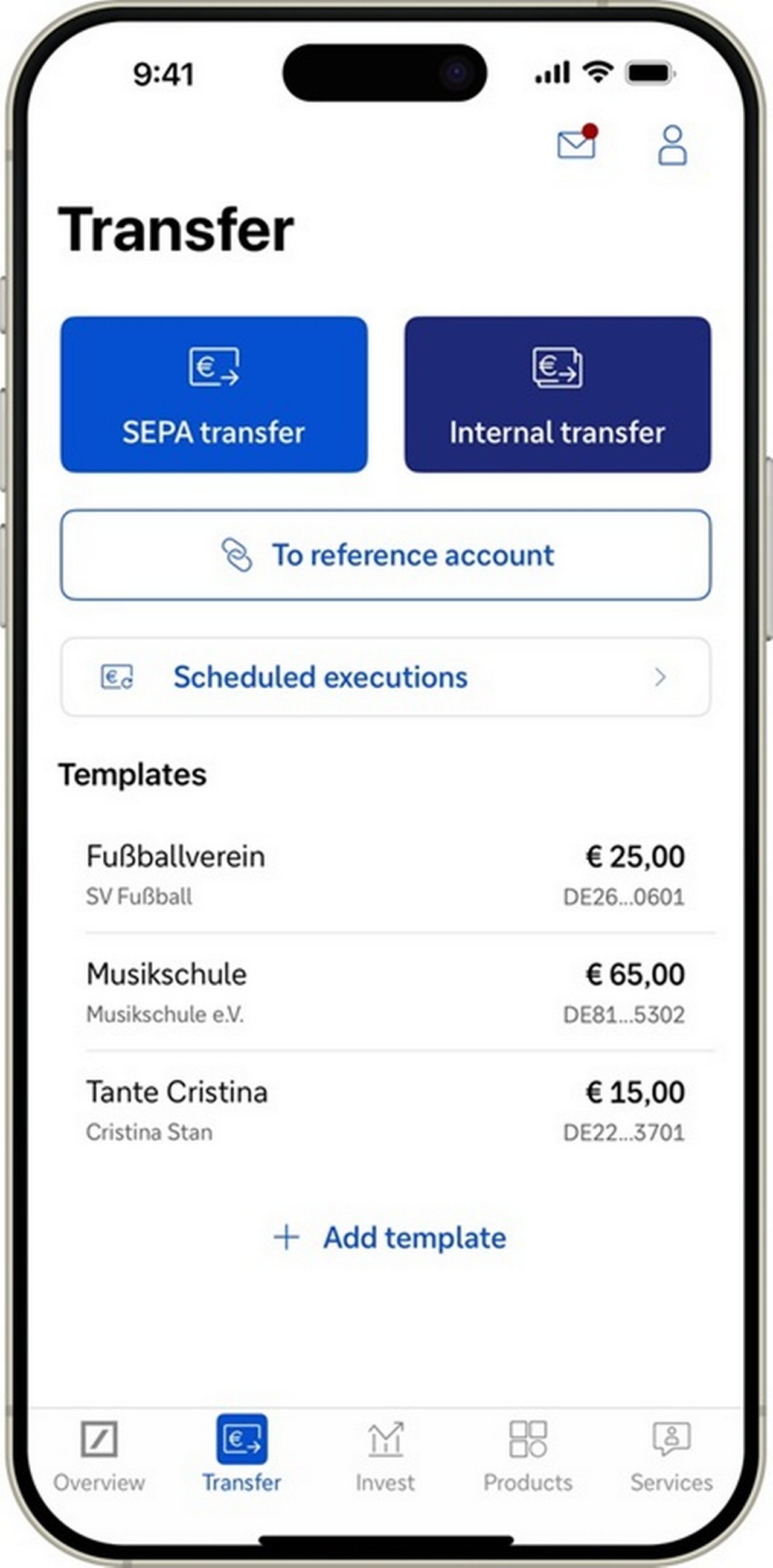 Mobile-Banking-App-Bildschirm mit Überweisungsoptionen und Vorlagen.