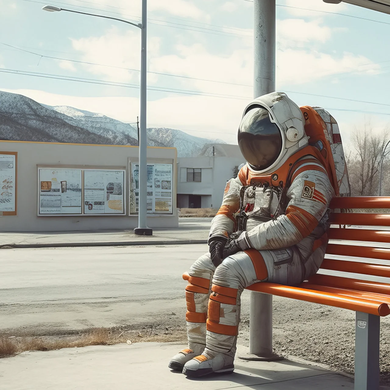 Astronaut sitting at a bus stop (AI generated)