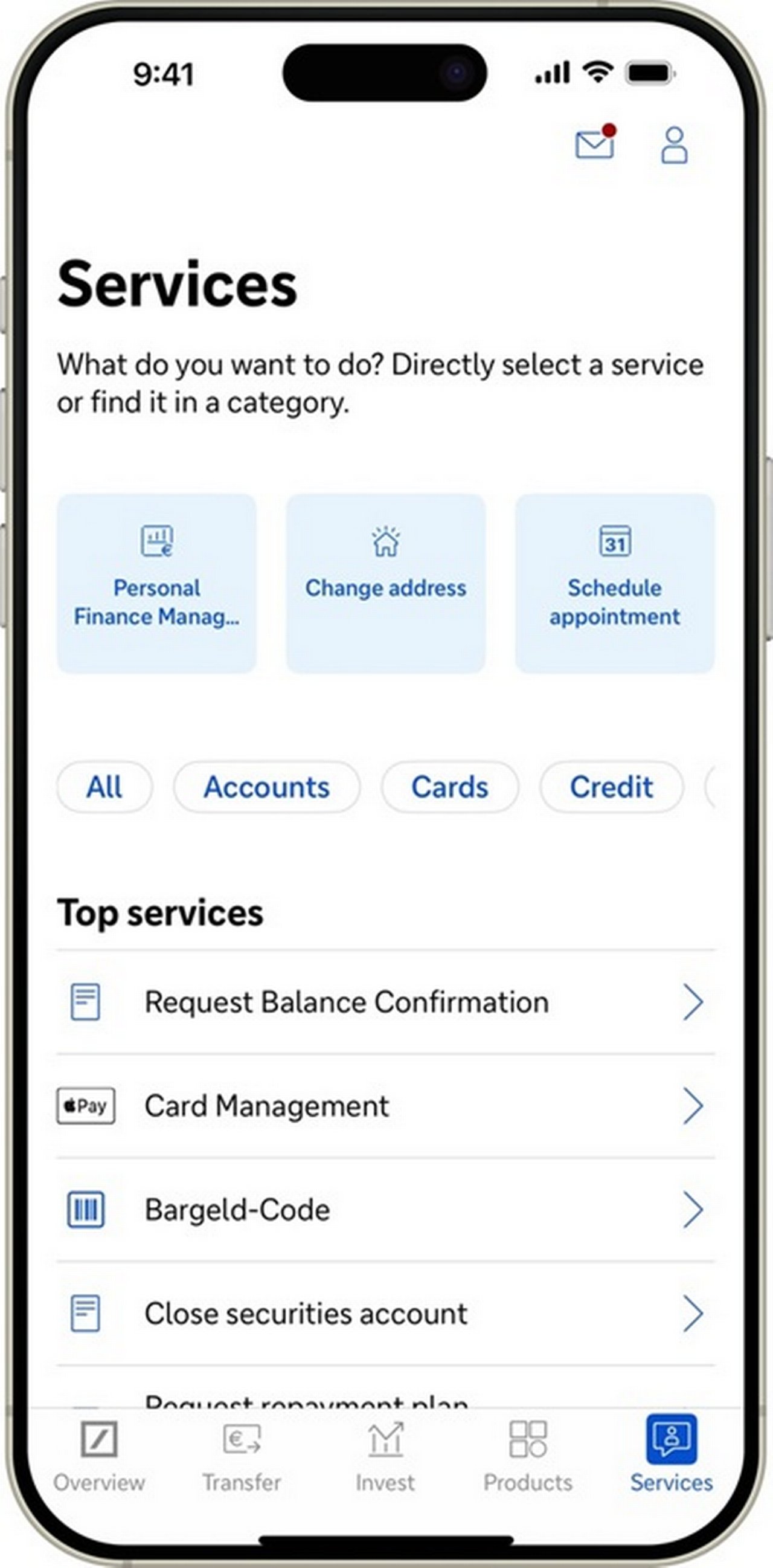 Mobile Banking-App zeigt eine Liste der verfügbaren Services.