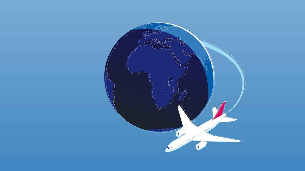An illustration of a passenger airplane circling the globe.
