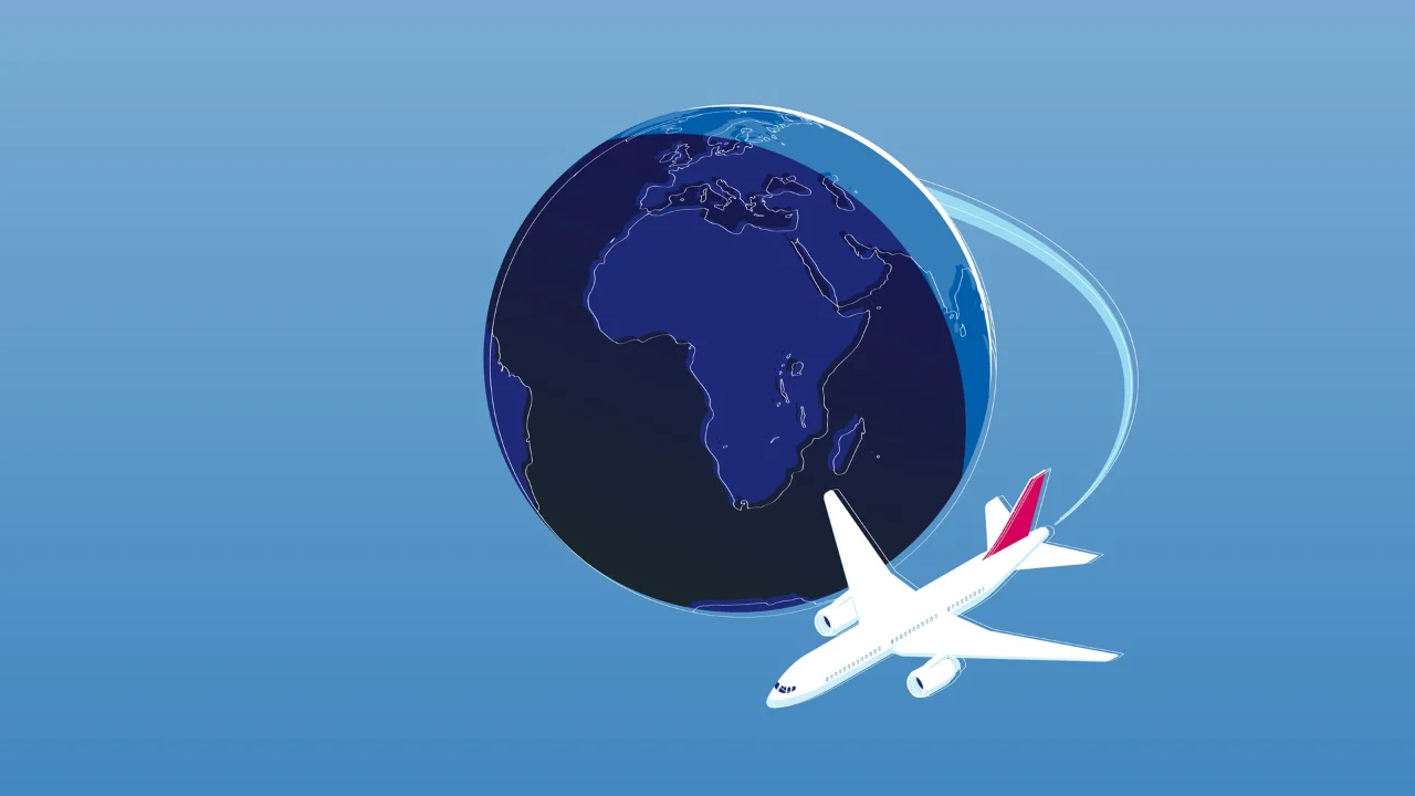 Eine Illustration eines Passagierflugzeugs, das den Globus umkreist.