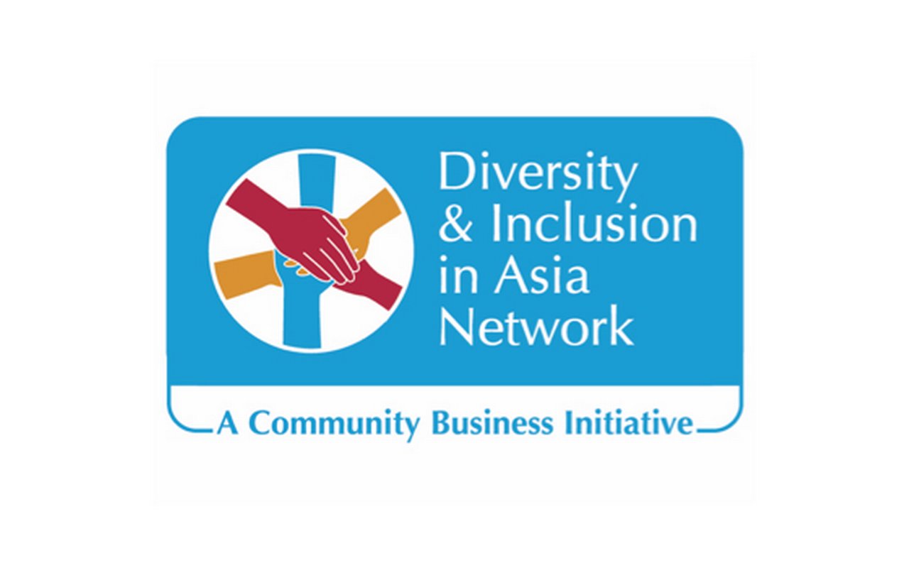 Logo in the form of six hands, which are placed one on top of the other and the inscription on the side:${esc.q}Diversity& Inclusion in Asia Network. A Community Business Initiative${esc.q}.