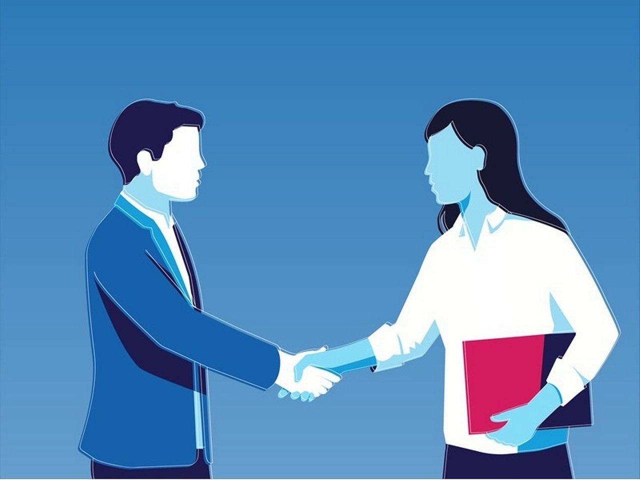 A man in a suit and a woman with a folder shake hands in a business setting.