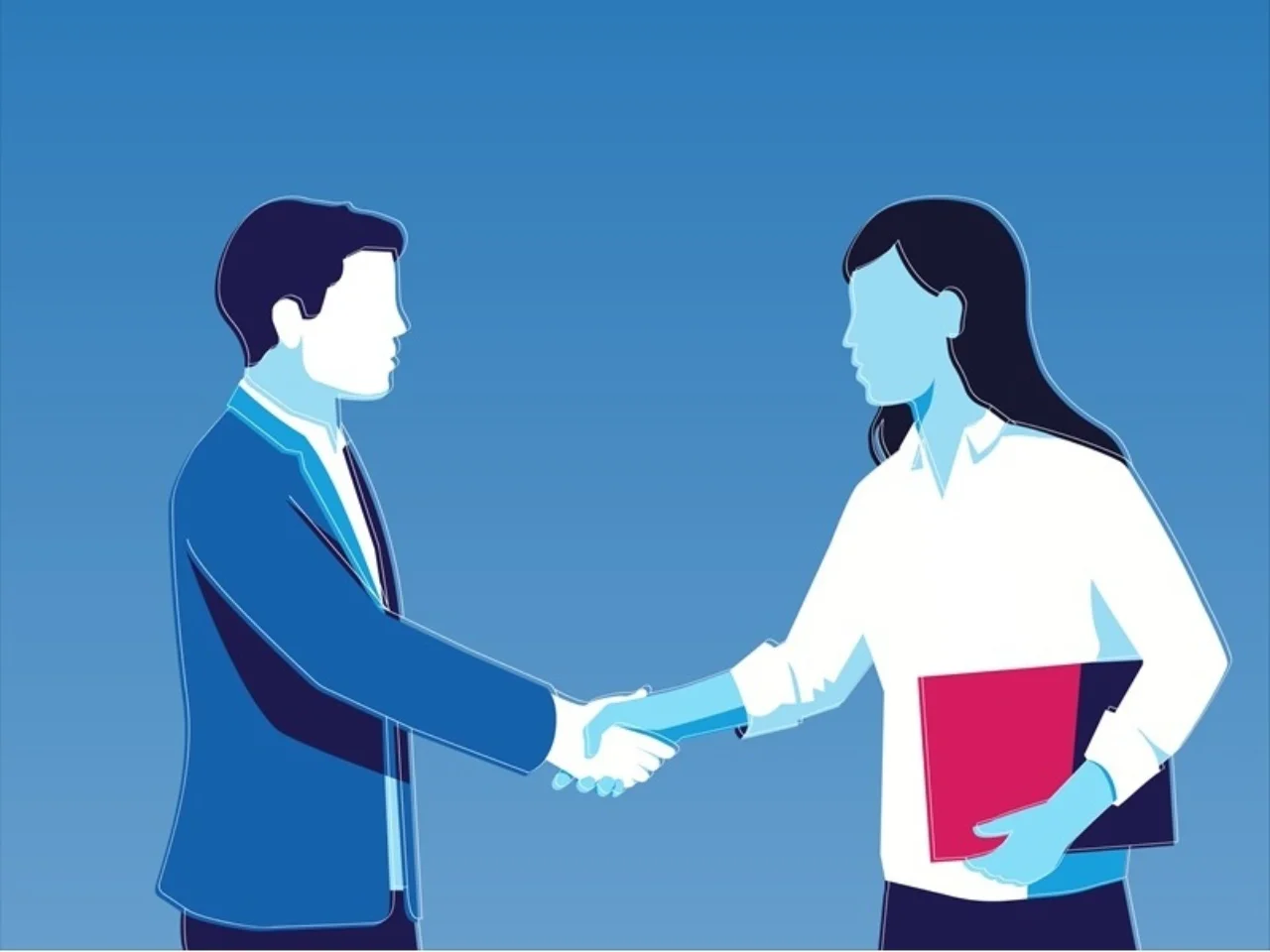 A man in a suit and a woman with a folder shake hands in a business setting.