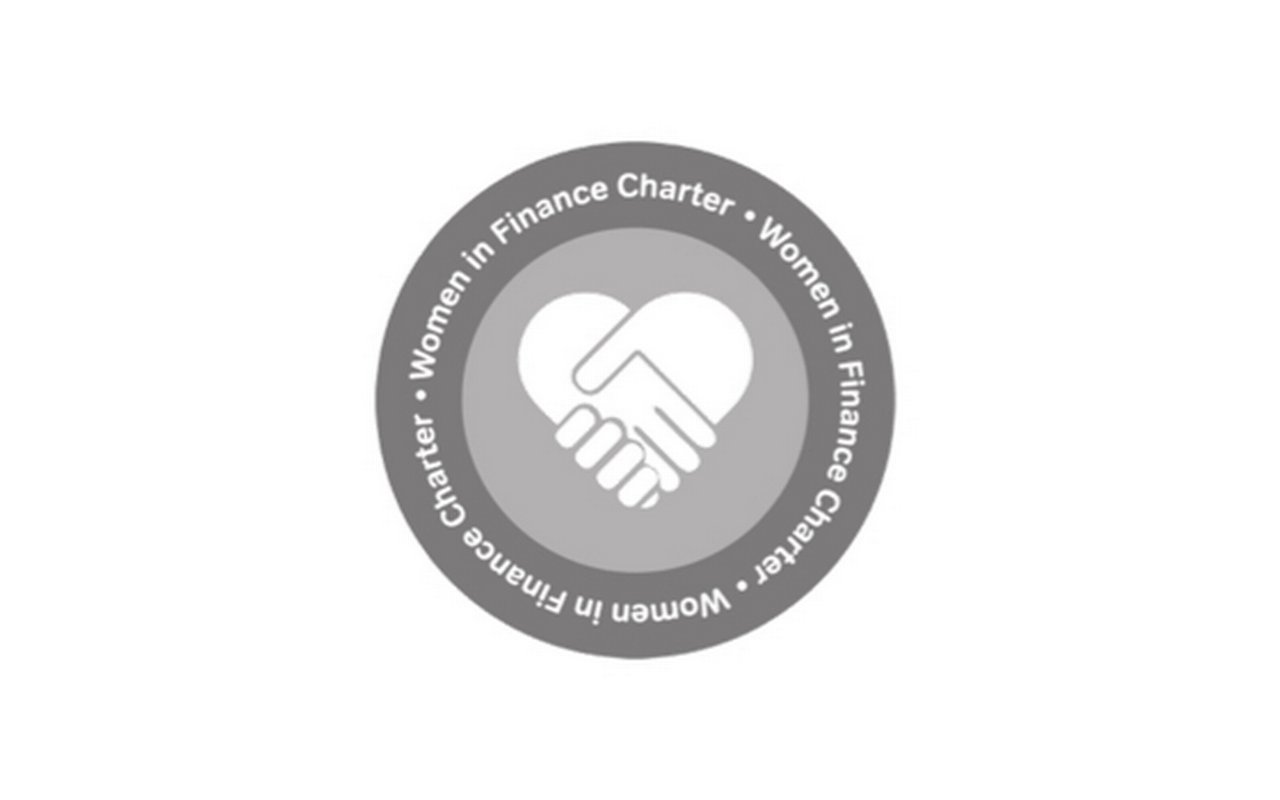 Logo in the shape of a circle in which two hands are shaking in the shape of a heart. The inscription on the circle: ${esc.q}Women in finance charter${esc.q}.