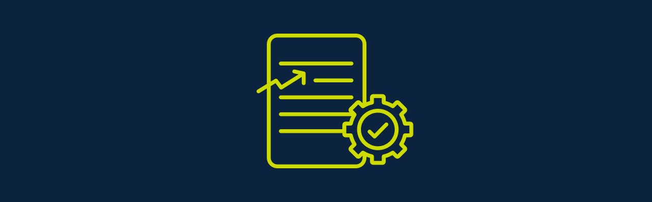 Symbol in the form of a text icon with a growth line and a gearwheel with a check mark inside.