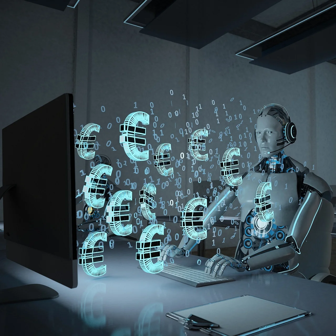 Humanoider Roboter vor einem Computer
