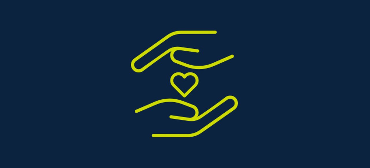 Symbol  in the form of two hands holding a heart in the middle.