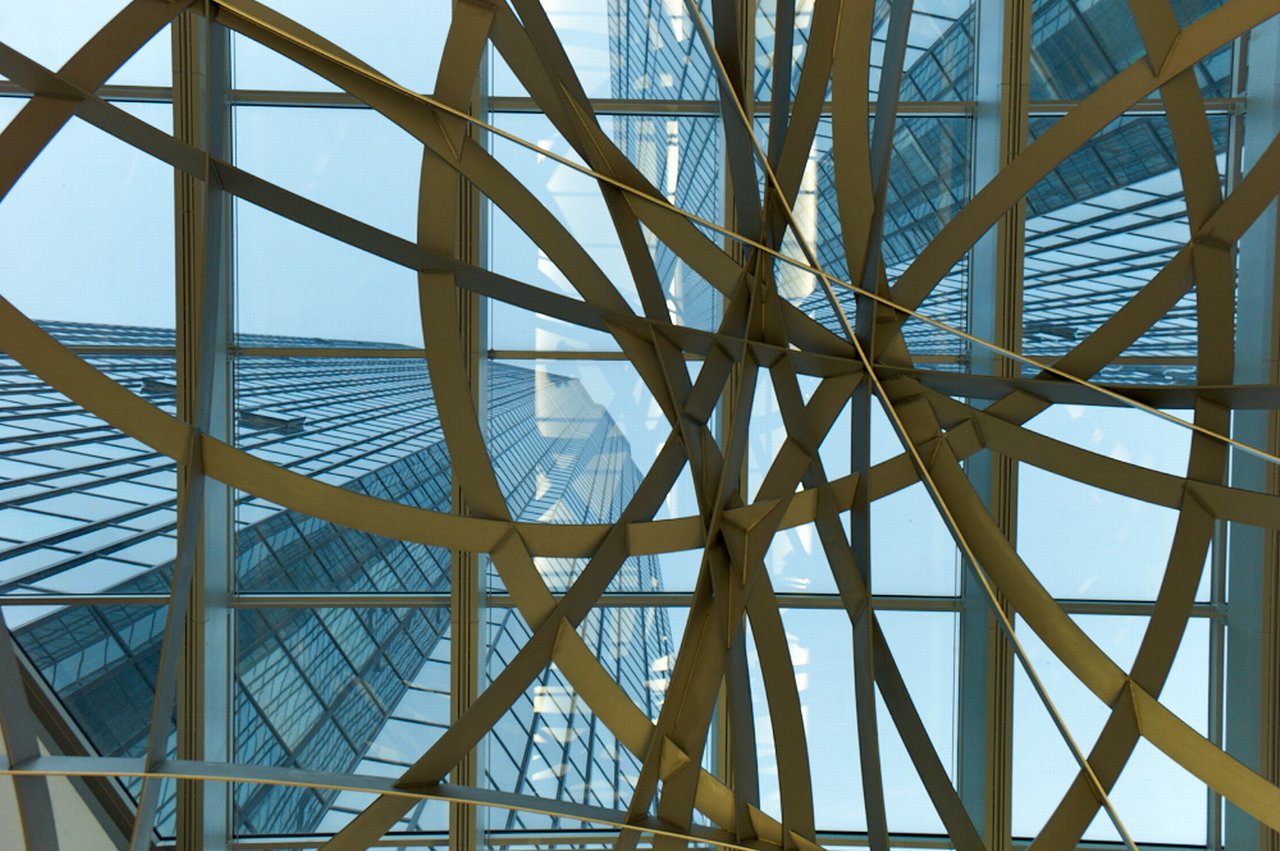 The Deutsche Bank towers through the sphere in the lobby