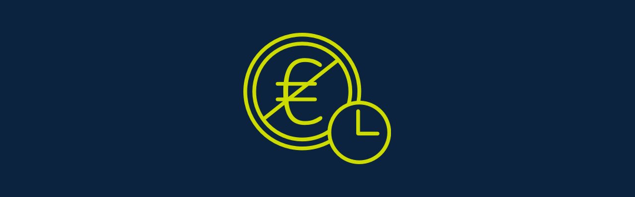 Symbol eines durchgestrichenen Euro-Zeichens neben einer Uhr
