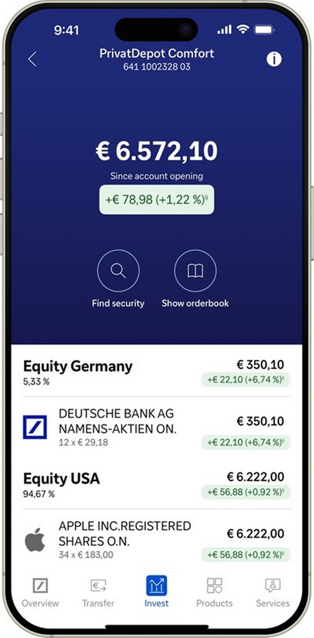 Mobile Banking-App zeigt die Übersicht des Investmentportfolios mit Performance-Zusammenfassung.