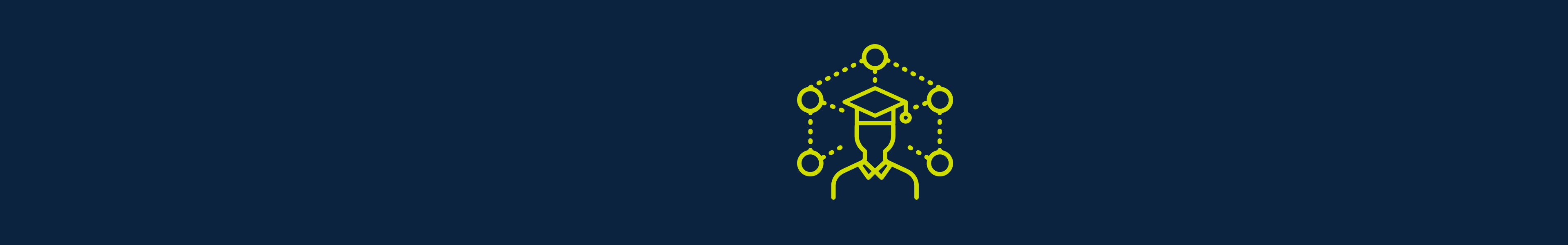 Symbol in Form eines Hochschulabsolventen und kleinen Kreisen, die in verschiedene Richtungen führen.