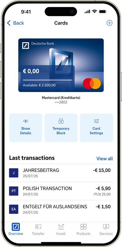 Mobile banking app displaying credit card details and transactions.
