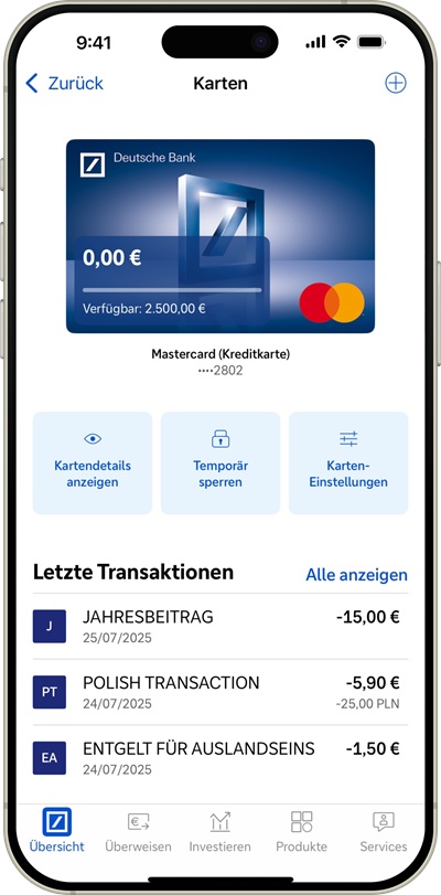 Die Mobile-Banking-App zeigt Kreditkartendetails und Transaktionen.
