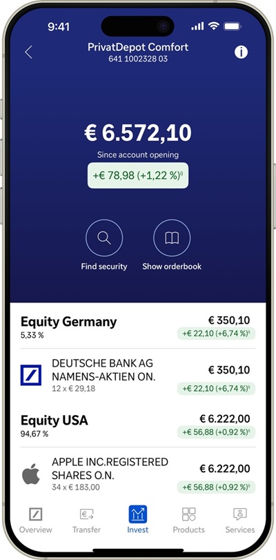 Mobile banking app displaying investment portfolio overview with performance summary.